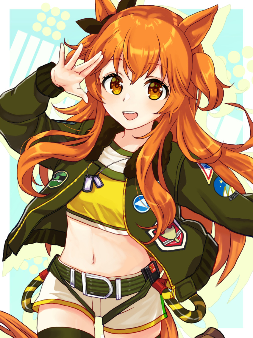 1girl, animal_ears, belt, blush, bomber_jacket, breasts, dog_tags, hair_between_eyes, hair_ornament, highres, horse_ears, horse_girl, horse_tail, im74516829, jacket, looking_at_viewer, mayano_top_gun_(scramble_zone)_(umamusume), mayano_top_gun_(umamusume), midriff, navel, open_mouth, orange_eyes, orange_hair, shorts, small_breasts, solo, tail, teeth, umamusume, upper_teeth_only