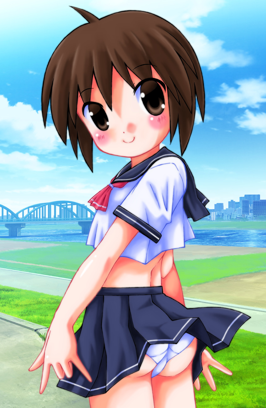 1girl, ahoge, ass, black_skirt, blush, bridge, brown_eyes, brown_hair