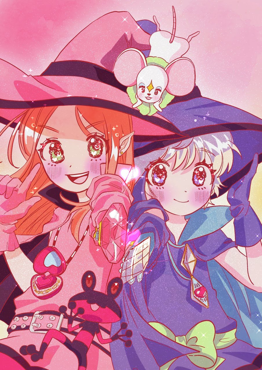 1boy, 3girls, belt, blanca_(sugar_sugar_rune), blonde_hair, blush, cape, chachya_readybe