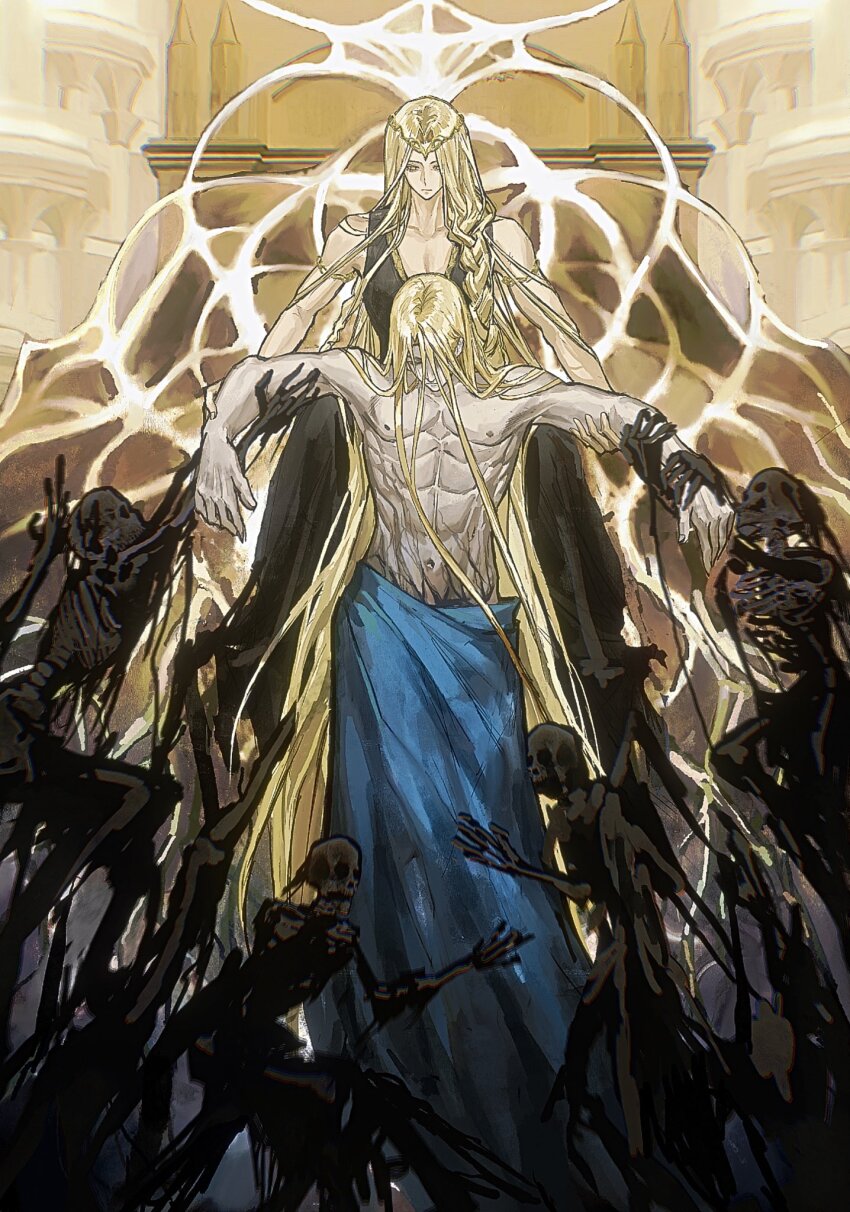 1boy, 1girl, :|, abs, alternate_hair_color, armlet, bare_arms, bare_shoulders