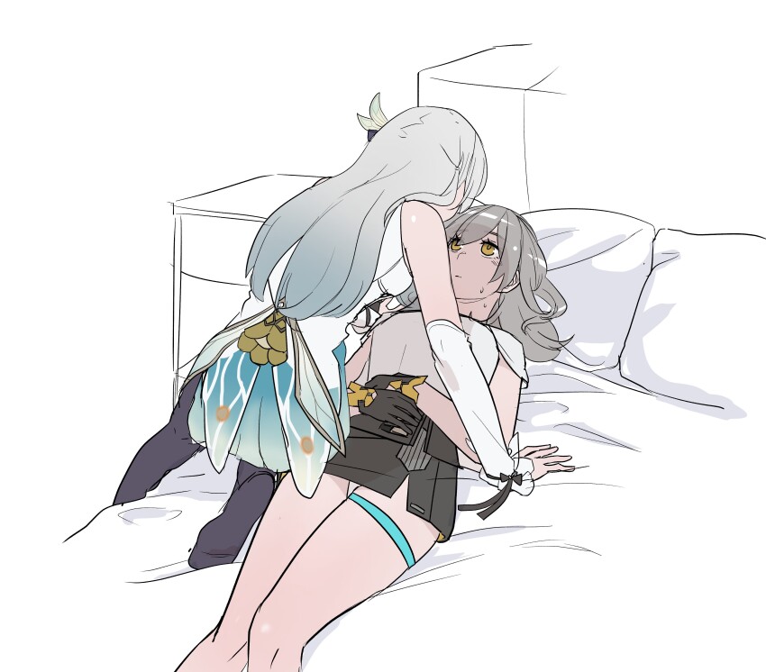 2girls, absurdres, bed, black_ribbon, black_skirt, black_thighhighs, detached_sleeves, firefly_(honkai:_star_rail), grey_hair, highres, honkai:_star_rail, honkai_(series), long_hair, long_sleeves, lying, miniskirt, multiple_girls, on_back, panties, pillow, ribbon, shirt, skirt, sleeve_ribbon, stelle_(honkai:_star_rail), thigh_strap, thighhighs, trailblazer_(honkai:_star_rail), trap_(trap_2023), underwear, white_hair, white_panties, white_shirt, yellow_eyes, yuri