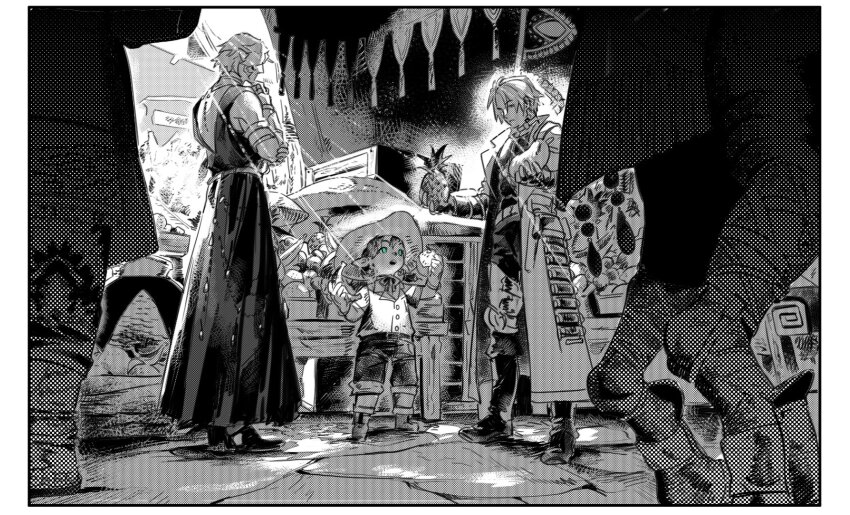 3boys, banana, border, coat, cowboy_hat, digitigrade, elezen, elf