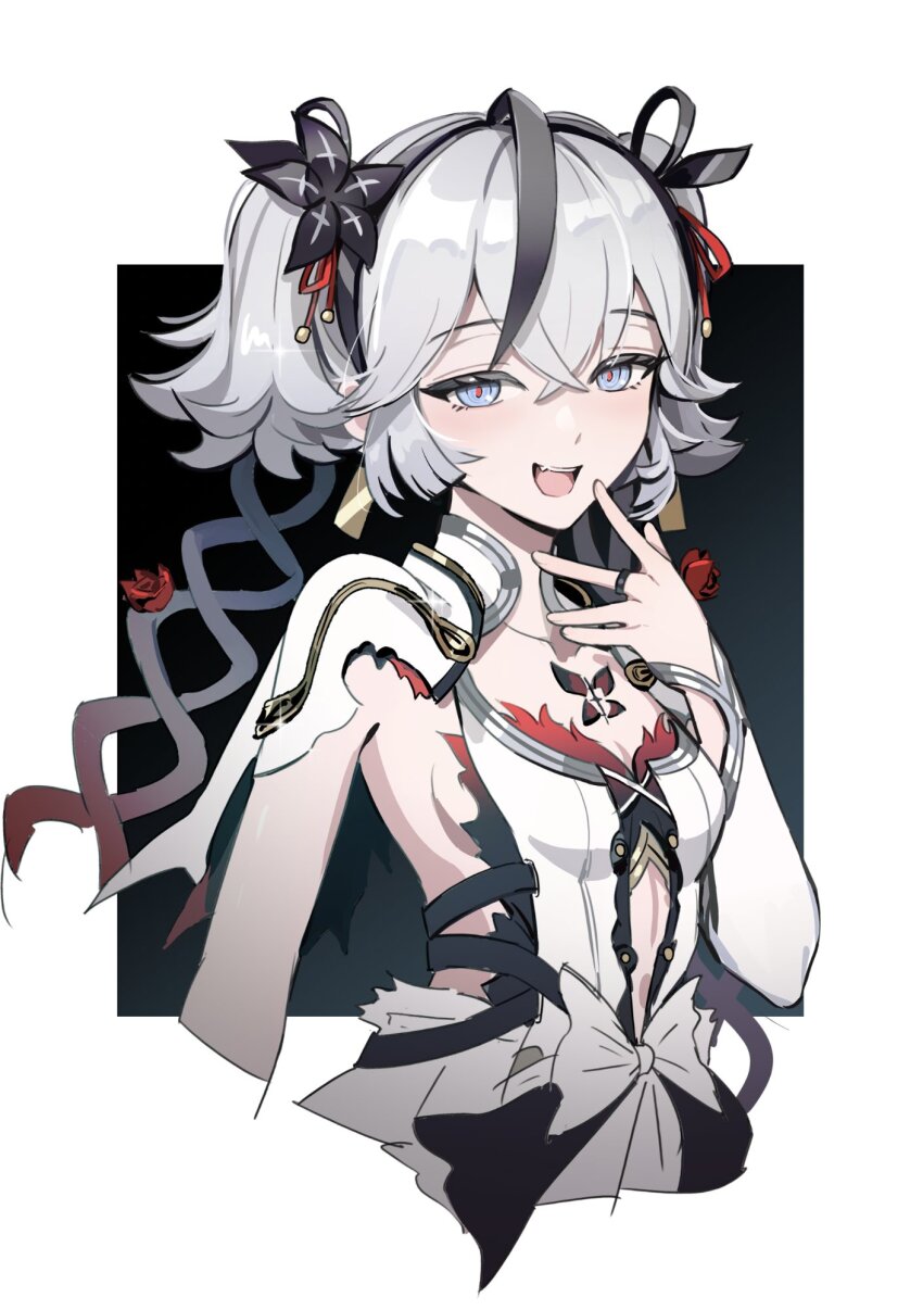 1girl, animal_ears, attsei, black_flower, black_hair, blake_bloom_(wuthering_waves), blue_eyes, bow, breasts, camellya_(wuthering_waves), clothing_cutout, collarbone, commentary, cropped_torso, crossed_bangs, dress, dress_bow, flower, hair_flower, hair_ornament, hair_ribbon, hair_vines, highres, jewelry, linea_alba, looking_at_viewer, multicolored_hair, open_mouth, red_pupils, ribbon, ring, sideless_dress, small_breasts, solo, stomach_cutout, tacet_mark_(wuthering_waves), twintails, two-tone_hair, upper_body, white_dress, white_hair, wuthering_waves