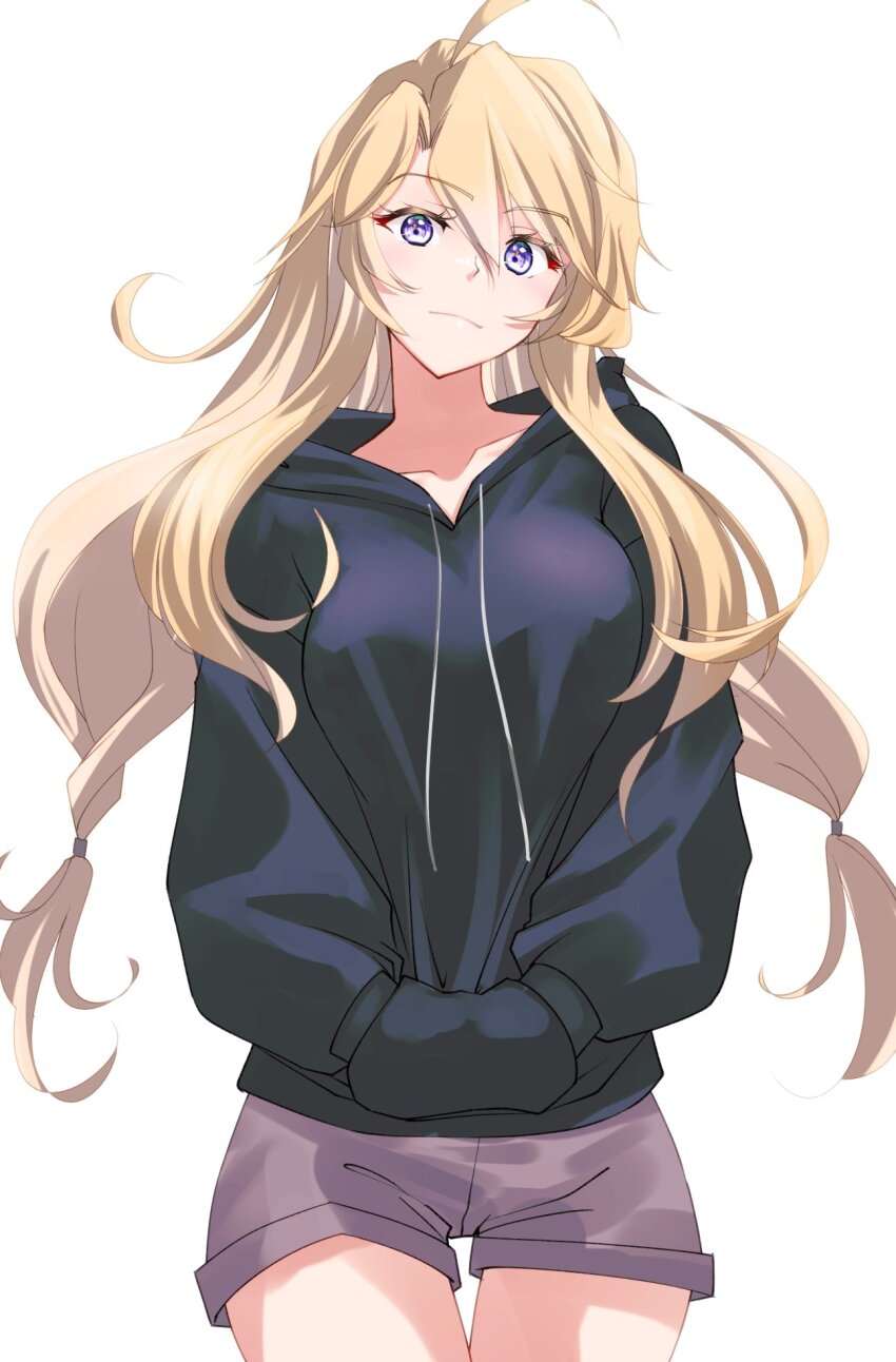 1girl, ahoge, alternate_costume, black_sweater, blonde_hair, cowboy_shot, grey_shorts, hands_in_pocket