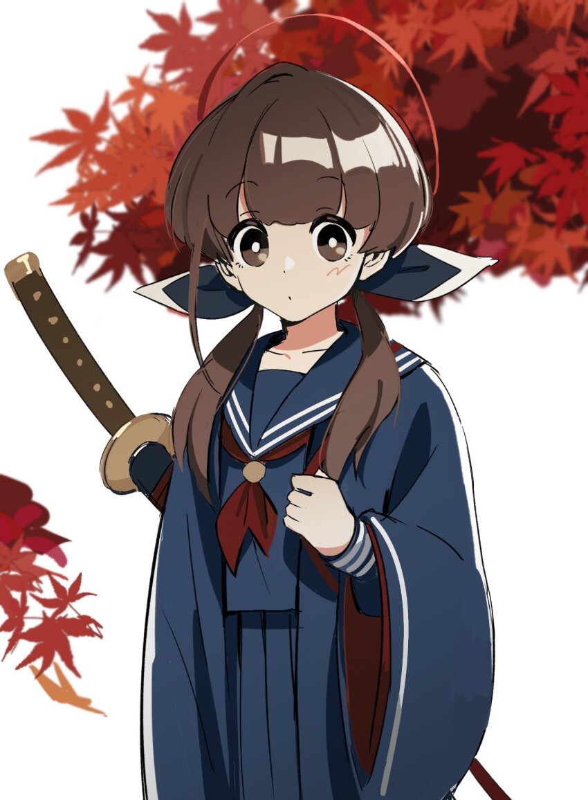 1girl, attsei, black_serafuku, black_shirt, black_skirt, bright_pupils, brown_eyes, brown_hair, commentary, cowboy_shot, halo, highres, katana, leaf, long_hair, long_sleeves, looking_at_viewer, maple_leaf, ohitome_kohane, project_kv, red_halo, school_uniform, serafuku, shirt, skirt, solo, sword, untranslatable_commentary, twintails, weapon, white_pupils, wide_sleeves