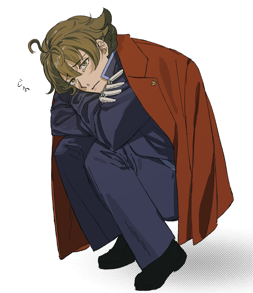 1boy, ace_attorney, ace_attorney_investigations, ace_attorney_investigations_2:_prosecutor's_gambit, ahoge, black_footwear, blue_jacket, blue_pants, brown_eyes, brown_hair, commentary_request, eustace_winner, frown, full_body, gloves, hechisuka, highres, jacket, jacket_on_shoulders, lapel_pin, looking_at_viewer, male_focus, pants, red_jacket, runny_nose, short_hair, snot, solo, squatting, tearing_up, white_background, white_gloves