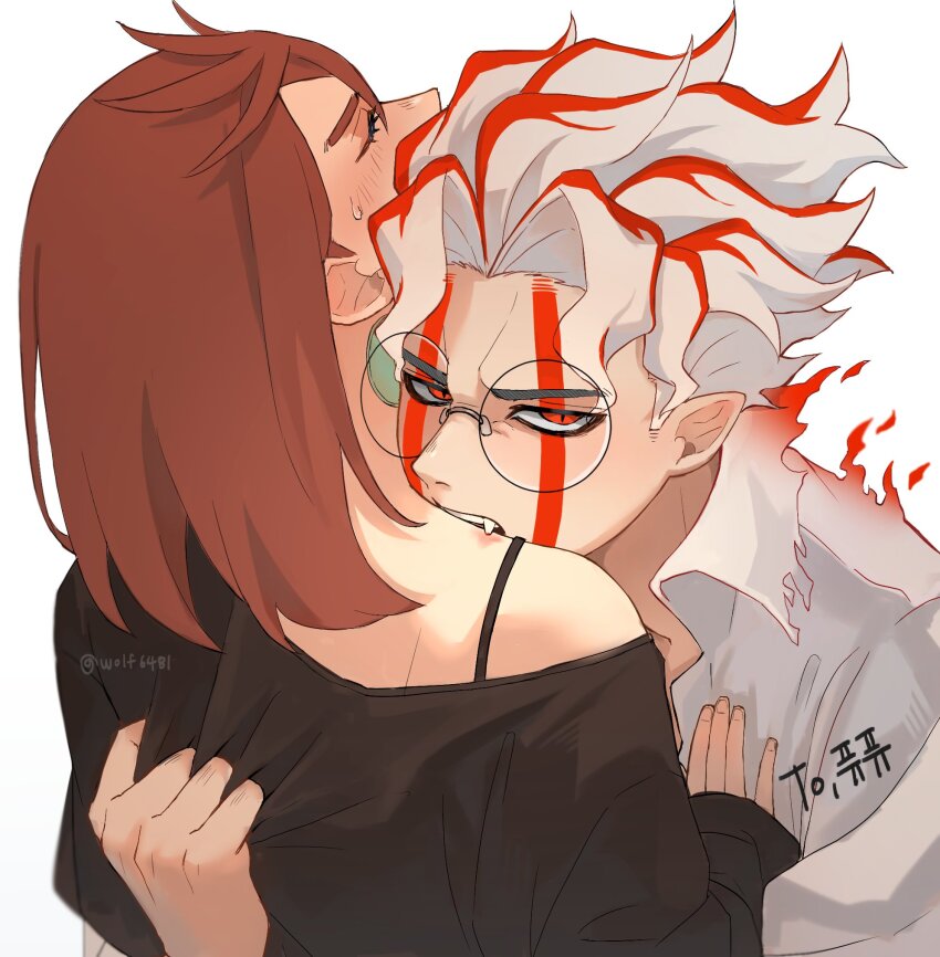 1boy, 1girl, alternate_form, ayase_momo, blood_sucking, commentary_request, couple, dandadan, facial_mark, glasses, highres, red_eyes, takakura_ken_(dandadan), takakura_ken_(transformed)_(dandadan), transformation, vampire, white_hair, wolf6481
