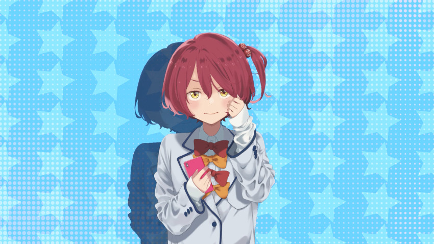 1girl, blazer, blue_background, bow, bowtie, cellphone, closed_mouth, collared_shirt