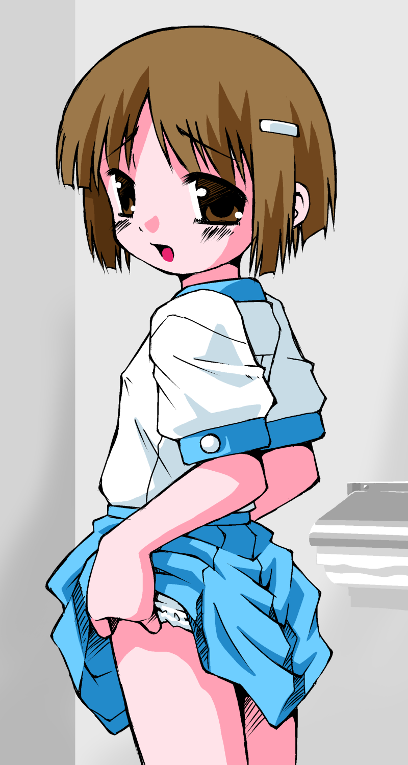 1girl, bathroom, blue_skirt, blush, brown_eyes, brown_hair, clothes_lift, embarrassed