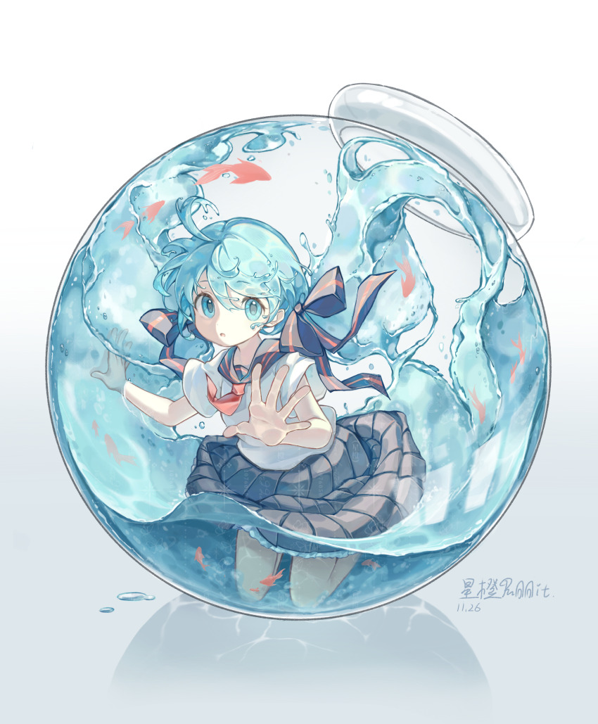 1girl, aqua_eyes, aqua_hair, black_ribbon, black_skirt, blue_sailor_collar, chinese_commentary, commentary_request