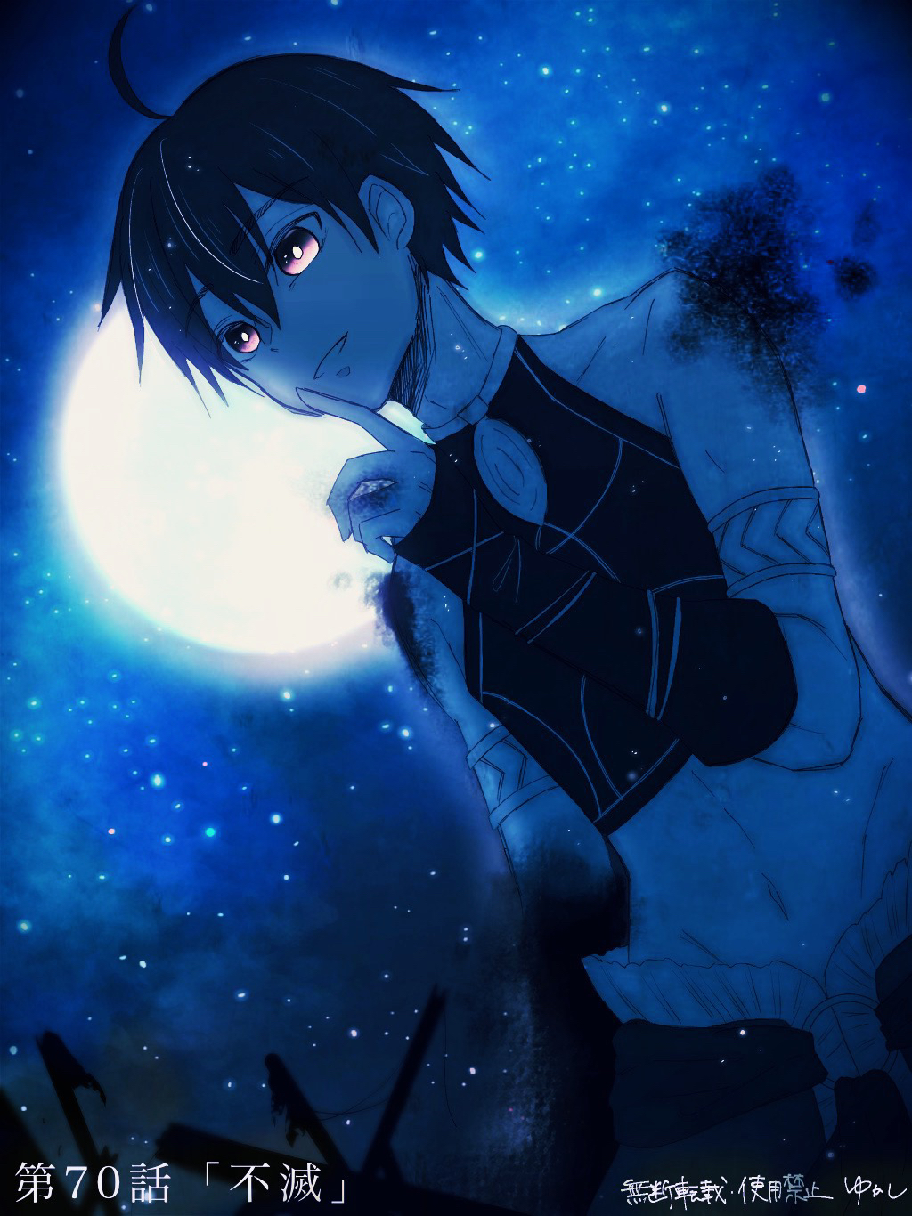 1boy, ahoge, arm_at_side, arm_guards, armlet, black_eyes, black_hair, black_shirt