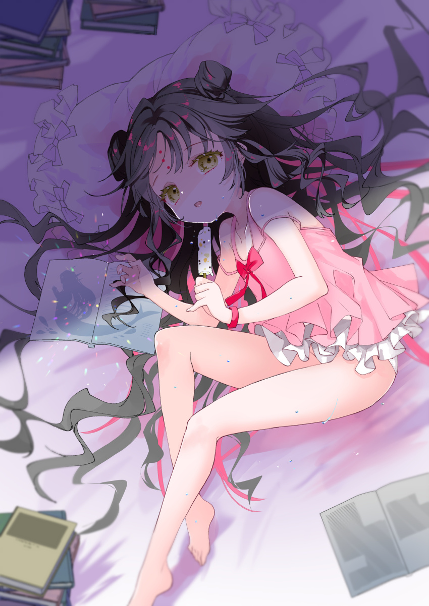 1girl, armband, babydoll, bare_legs, barefoot, black_hair, book, book_stack