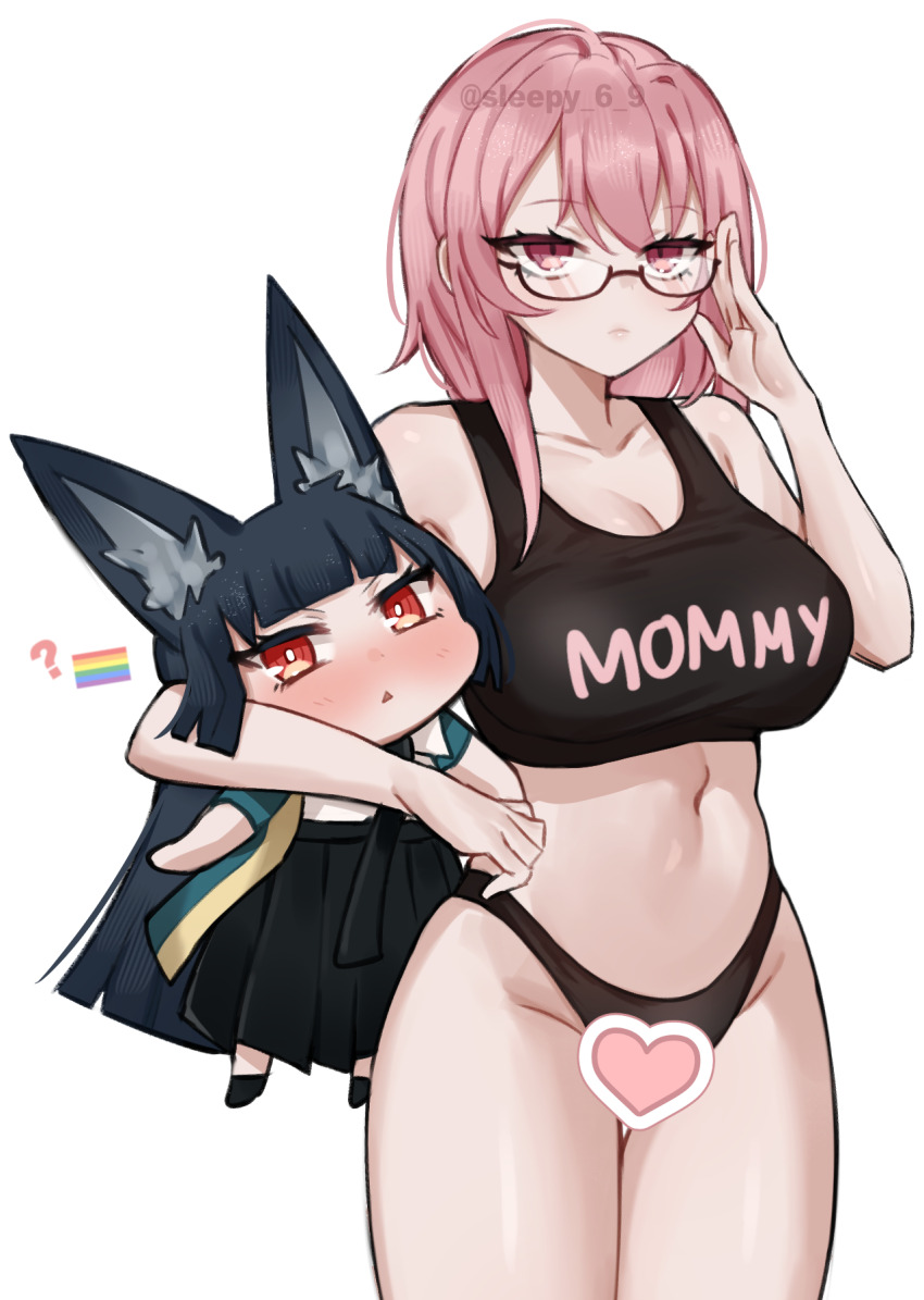2girls, animal_ears, artist_name, black_hair, black_panties, black_skirt, blunt_bangs, blush, breasts, chibi, cleavage, commentary, cowboy_shot, english_commentary, flag, fox_ears, fox_girl, glasses, hair_between_eyes, heart, highres, hoshimi_miyabi, large_breasts, looking_ahead, looking_at_viewer, meme, moo_(moo_8986), multiple_girls, navel, panties, pink_eyes, pink_hair, pride_flag_question_mark_(meme), rainbow_flag, red_eyes, sidelocks, simple_background, skirt, standing, thighhighs, tsukishiro_yanagi, underwear, white_background, zenless_zone_zero