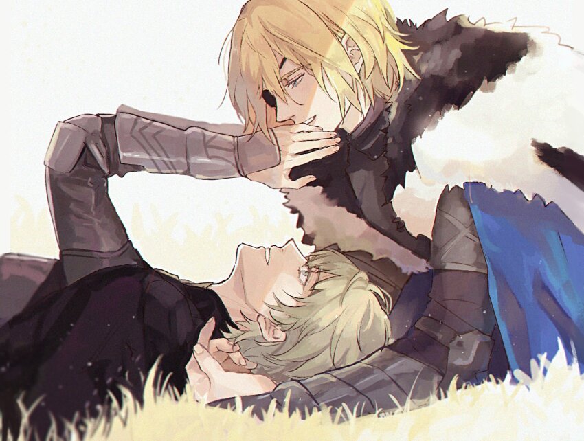 2boys, armor, arms_up, black_armor, black_cape, black_fur, blonde_hair, blue_cape