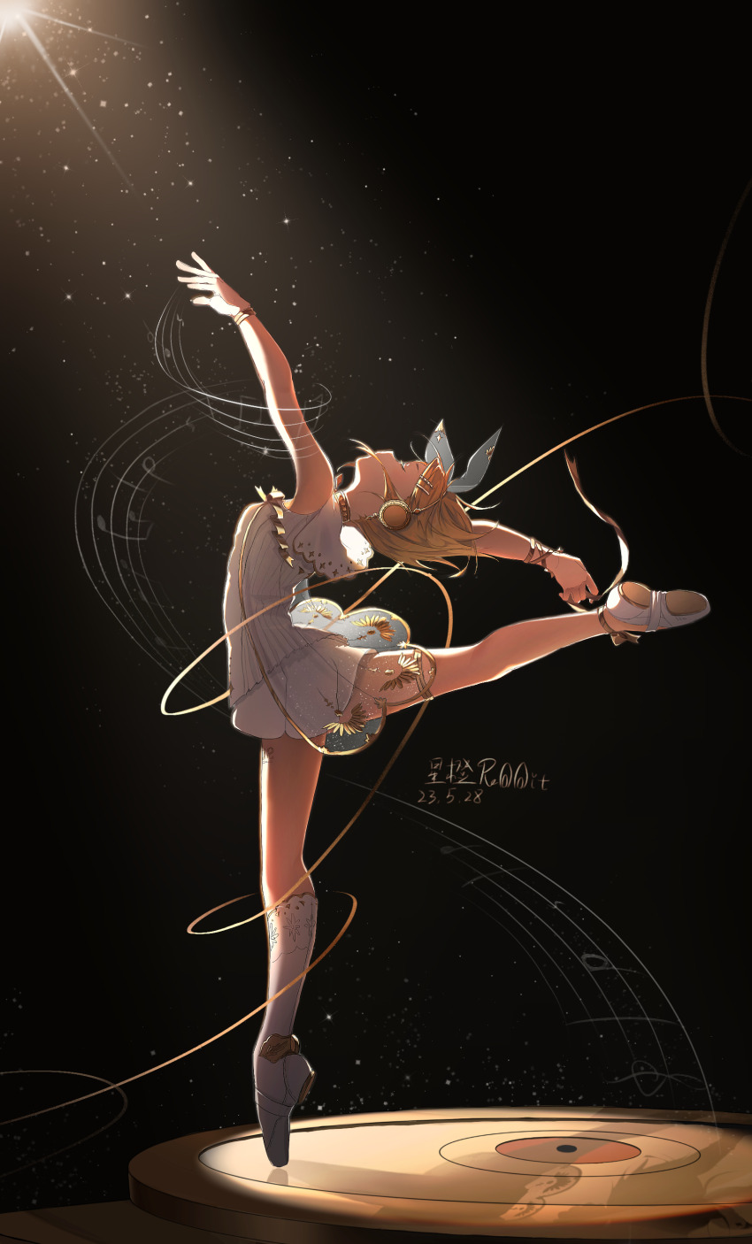1girl, absurdres, arm_up, ballerina, ballet_slippers, black_background, blonde_hair, bracelet
