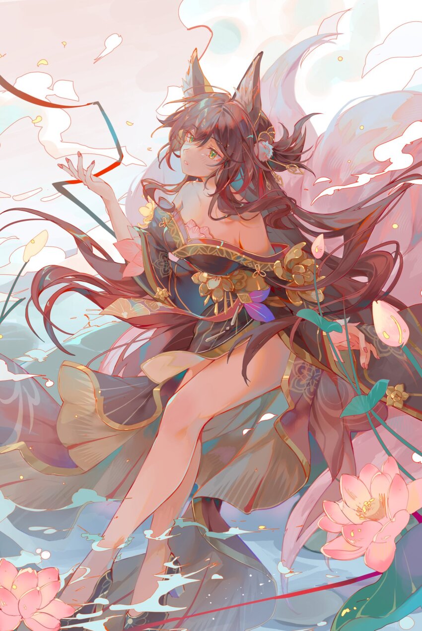 1girl, animal_ears, black_footwear, breasts, brown_hair, brown_kimono, fox_ears, fox_girl, fox_tail, fugue_(honkai:_star_rail), green_eyes, high_heels, highres, honkai:_star_rail, honkai_(series), japanese_clothes, kimono, kirabunni, kitsune, kyuubi, long_hair, looking_ahead, medium_breasts, multiple_tails, off_shoulder, soaking_feet, solo, tail, tingyun_(honkai:_star_rail), very_long_hair