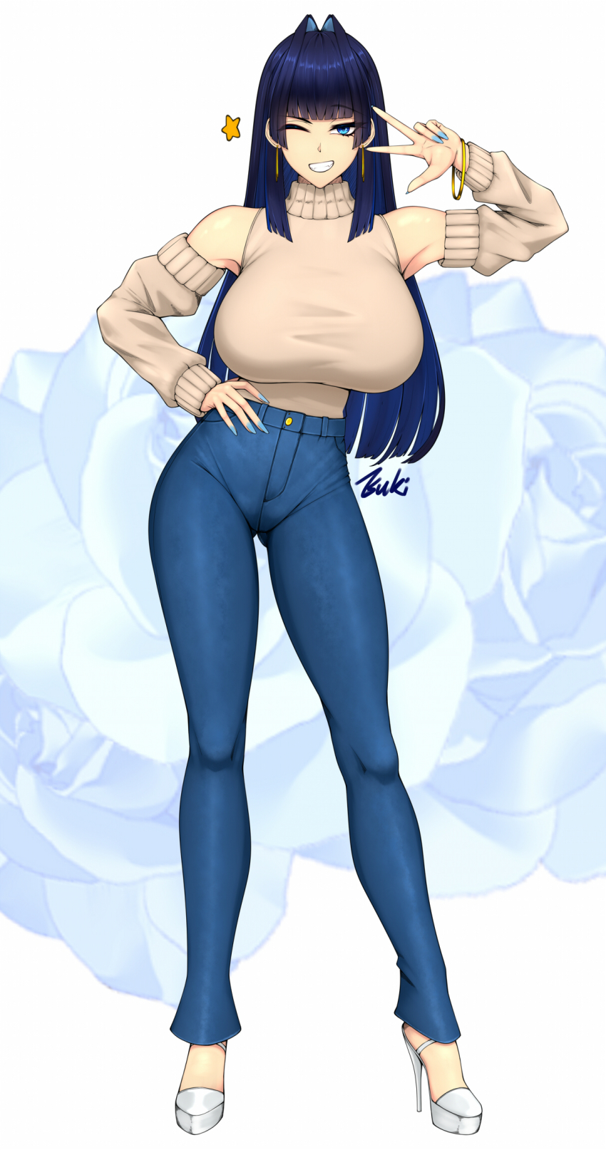 1girl, blue_eyes, blue_hair, blue_nails, blunt_bangs, bracelet, breasts, detached_sleeves