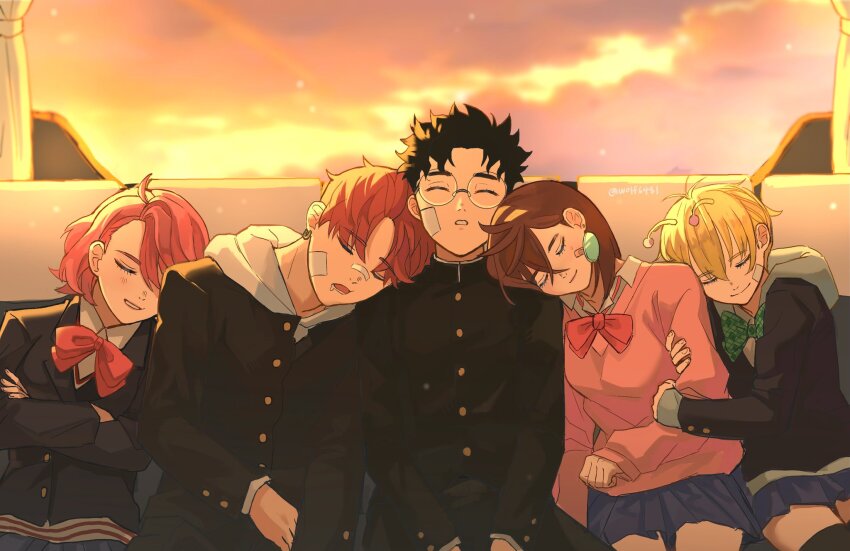 2boys, 3girls, alien, antennae, arm_hug, ayase_momo, vamola_(dandadan), bandaid