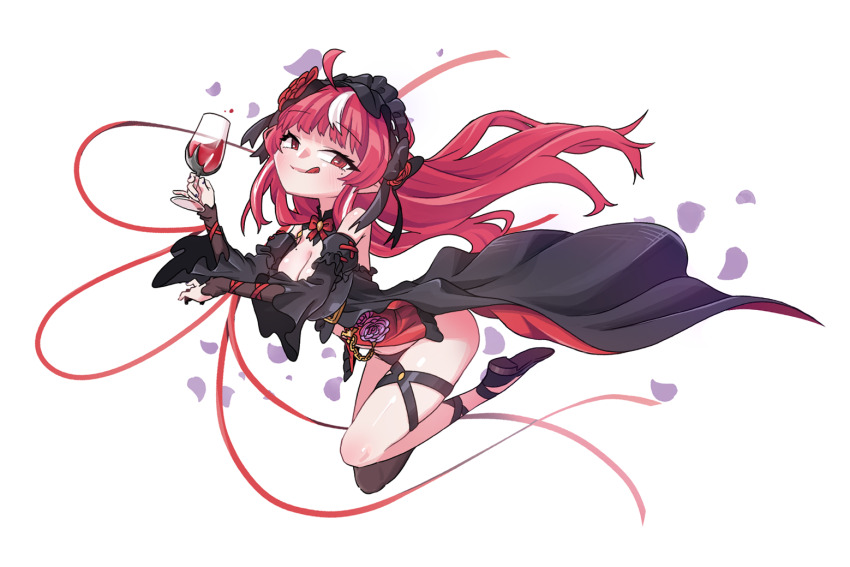 1girl, ahoge, black_dress, black_footwear, black_nails, black_panties, breasts, cleavage