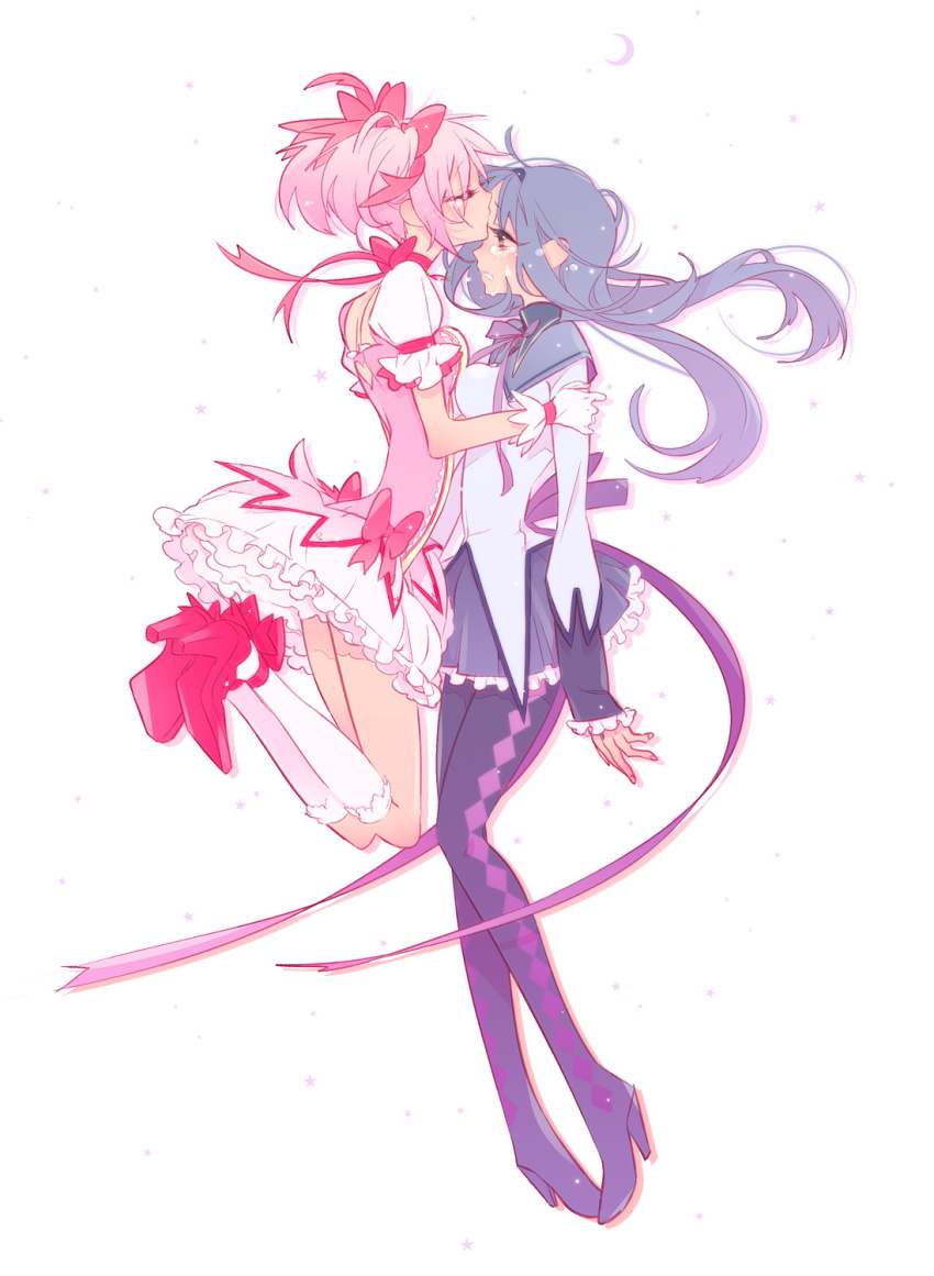 10s, 2girls, akemi_homura, akemi_homura_(magical_girl), bubble_skirt, comforting, hairband, high_heels