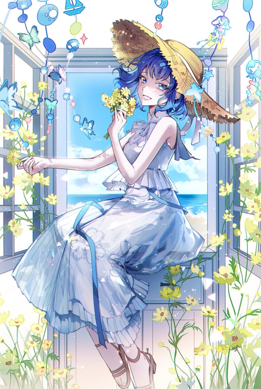 1girl, animal_print, beach, blue_eyes, blue_hair, blue_sky, brown_footwear, butterfly_print