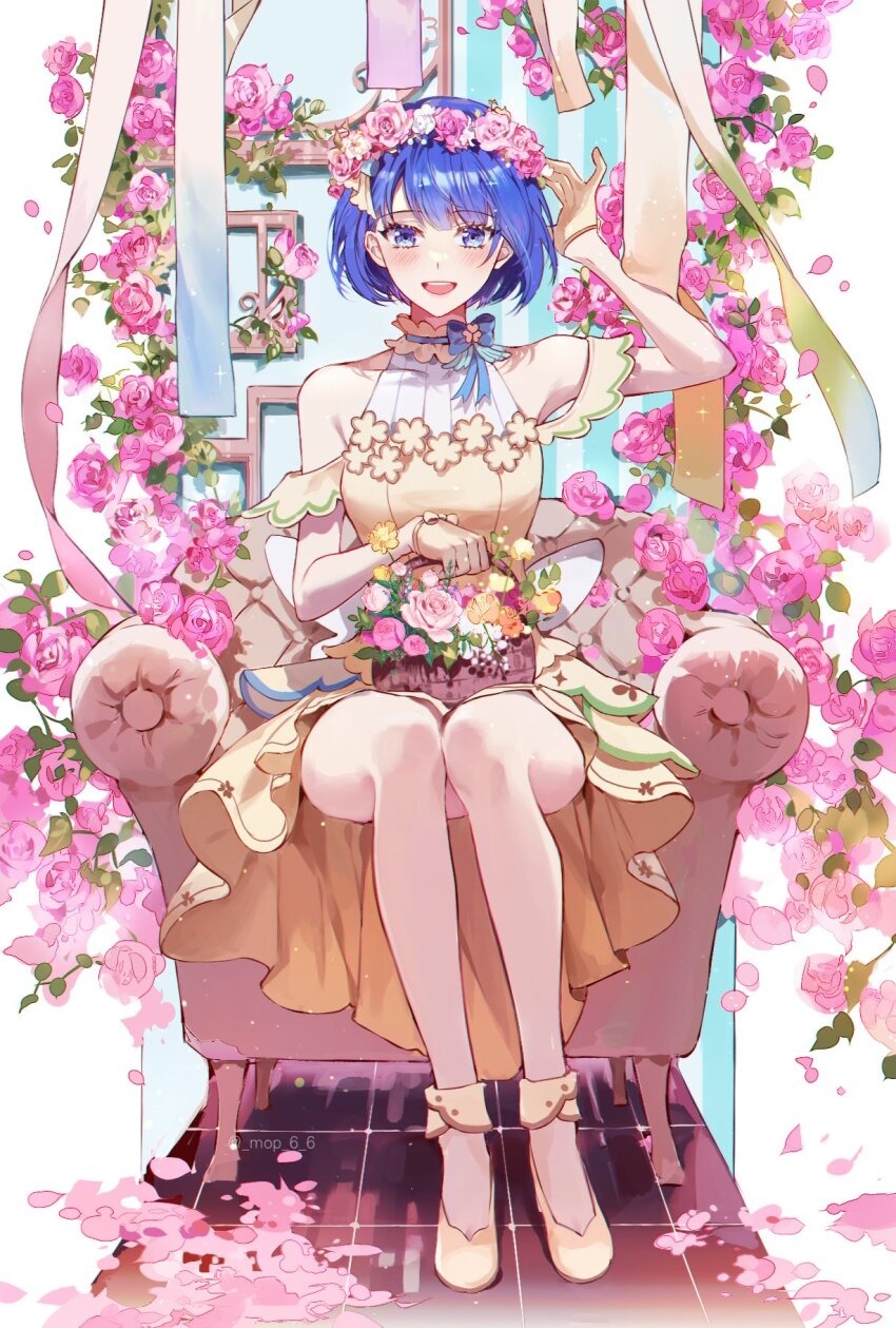 1girl, artist_name, blue_eyes, blue_hair, blush, collarbone, commentary_request, couch, dress, flower, flower_basket, flower_wreath, gloves, head_wreath, highres, kiritani_haruka, korean_commentary, mop_0211, open_mouth, pink_flower, pink_rose, project_sekai, rose, shoes, short_hair, sitting, smile, solo, tile_floor, tiles, white_flower, yellow_dress, yellow_flower, yellow_gloves, yellow_shoes