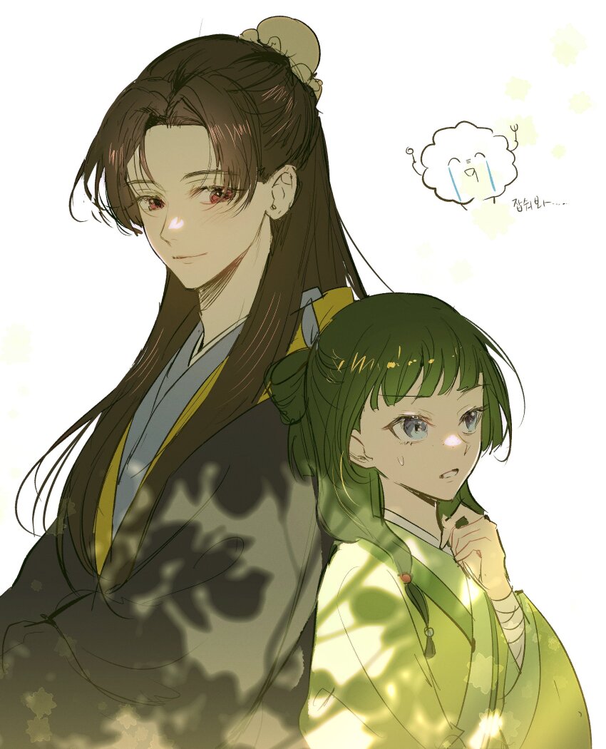 1boy, 1girl, absurdres, bandaged_hand, bandages, black_kimono, blue_eyes, blue_kimono