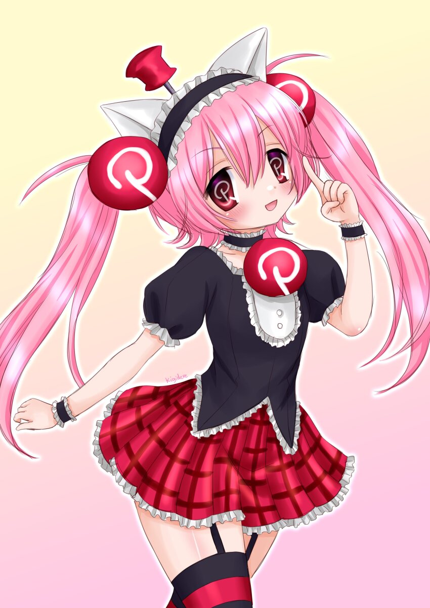 1girl, absurdres, animal_ears, black_shirt, cat_ears, choker, cowboy_shot, fake_animal_ears, frilled_choker, frilled_hairband, frilled_shirt, frilled_skirt, frills, garter_straps, hair_between_eyes, hair_ornament, hairband, hand_up, highres, index_finger_raised, jacket, kigidere, long_hair, looking_at_viewer, miniskirt, open_clothes, open_jacket, pink_hair, pinterest, pinterest-chan_(jaltoid), plaid_clothes, plaid_skirt, puffy_short_sleeves, puffy_sleeves, red_eyes, red_skirt, shirt, short_sleeves, skirt, solo, standing, striped_clothes, striped_thighhighs, symbol_in_eye, thighhighs, twintails, wrist_cuffs, zettai_ryouiki