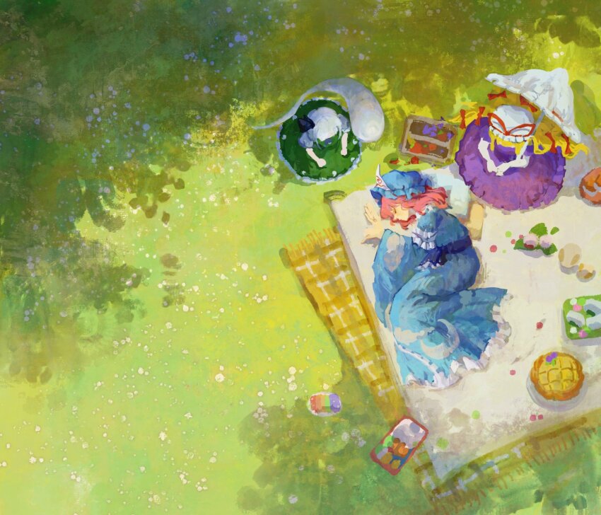 3girls, blonde_hair, blue_kimono, dress, elbow_gloves, food, frills, ge_dazuo