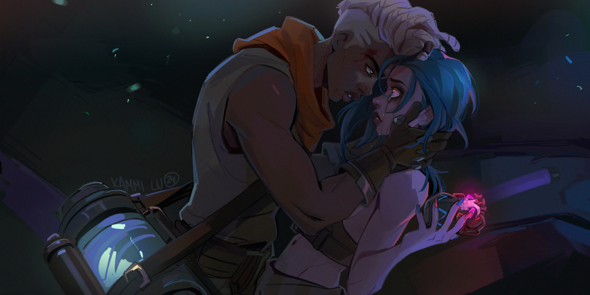 1boy, 1girl, arcane:_league_of_legends, arcane_jinx, artist_name, bare_arms, bare_shoulders, brown_gloves