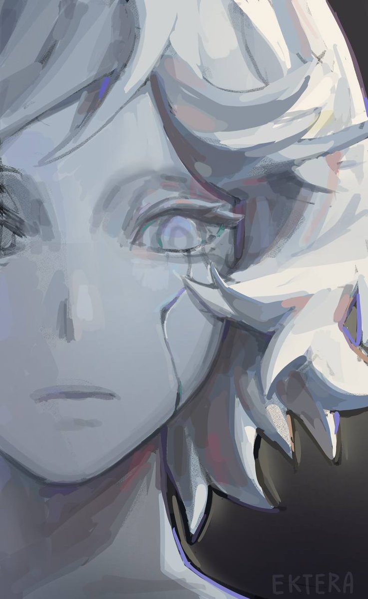 1girl, arcane:_league_of_legends, artist_name, blue_eyes, closed_mouth, colored_skin, ektera_dev, grey_skin