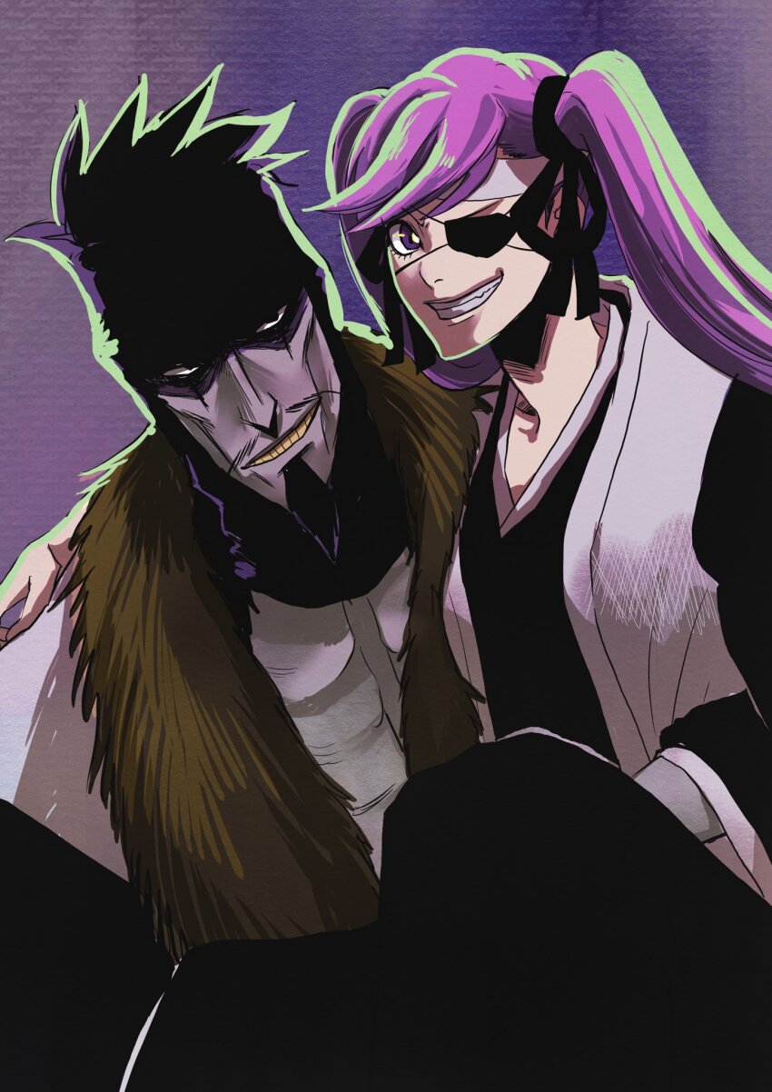 1boy, 1girl, :d, anno_im, arm_around_neck, black_hair, black_kimono, black_ribbon