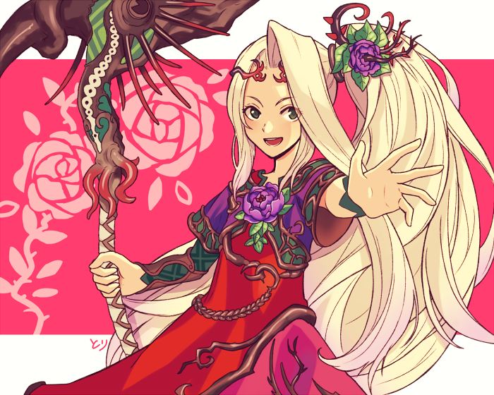 1girl, blonde_hair, commentary, dress, flower, green_eyes, hair_flower, hair_ornament