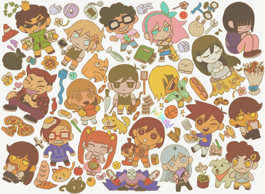 6+boys, 6+girls, angel_(omori), arrow_(symbol), aubrey_(faraway)_(omori), aubrey_(omori), baguette, ball