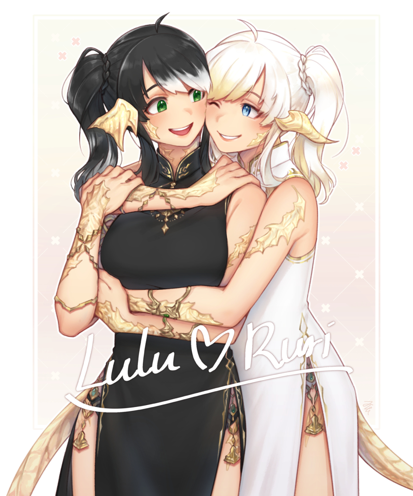 2girls, ahoge, armpit_crease, au_ra, black_dress, black_hair, blue_eyes, blush