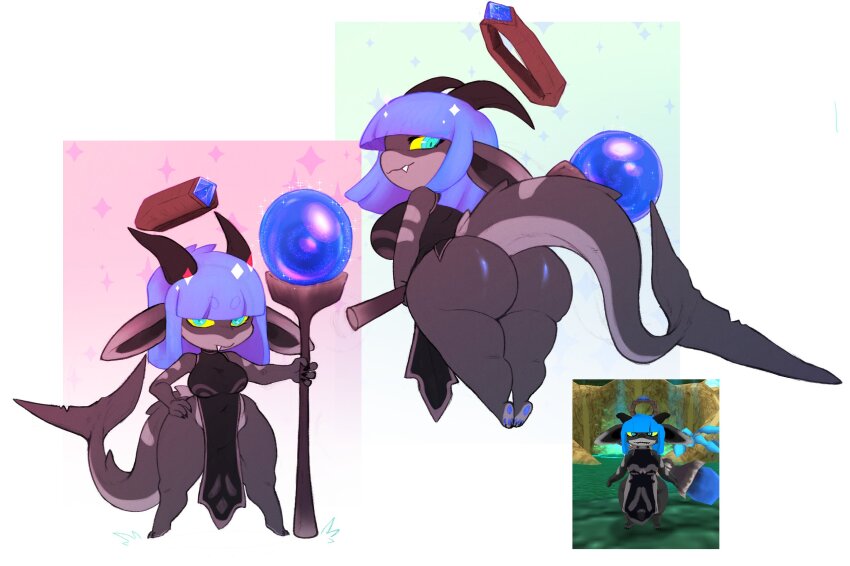 1girl, :3, ass, atlyss, black_horns, blue_eyes, blue_gem, blue_hair, breasts, colored_sclera, colored_skin, fang, fang_out, fins, fish_tail, floating_headgear, from_behind, full_body, galaxiabunny, gem, grey_skin, halo, hand_on_own_hip, headgear, highres, holding, holding_staff, horns, huge_ass, imp_(atlyss), long_pointy_ears, medium_breasts, medium_hair, monster_girl, multicolored_skin, orb, pawpads, pear-shaped_figure, photo_inset, player_character_(atlyss), pointy_ears, rectangle, shark_tail, shortstack, solo, sparkle, staff, standing, tail, thick_thighs, thighs, two-tone_skin, wide_hips, yellow_sclera