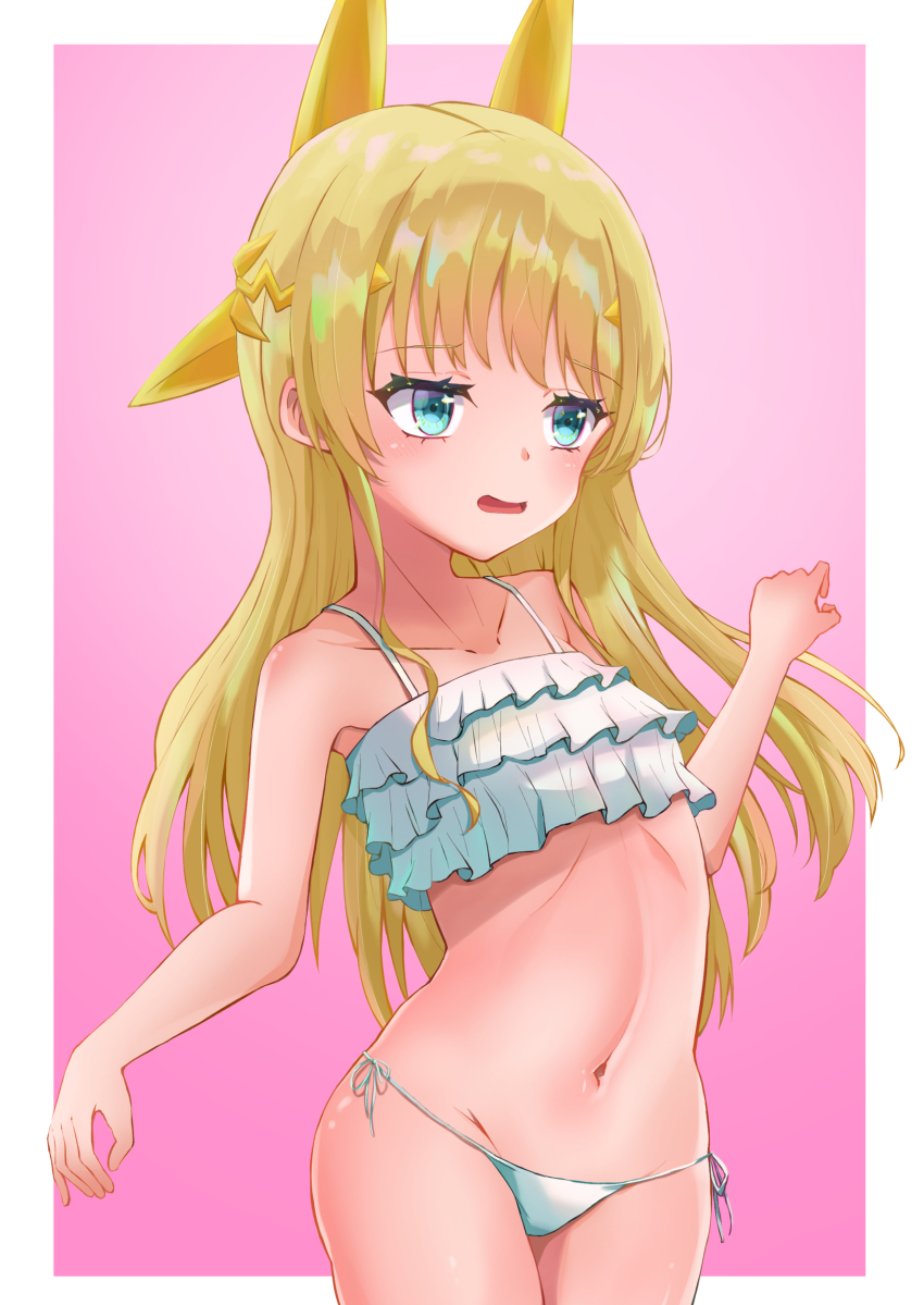 1girl, absurdres, armpits, bikini, blue_hair, blush, breasts, eyebrows_hidden_by_hair, fantasy_bishoujo_juniku_ojisan_to, frilled_bikini, frills, groin, highres, long_hair, looking_ahead, navel, open_mouth, pink_background, simple_background, small_breasts, solo, stomach, suzawa_aya, swimsuit, tachibana_hinata_(fantasy_bishoujo), wavy_mouth, white_bikini