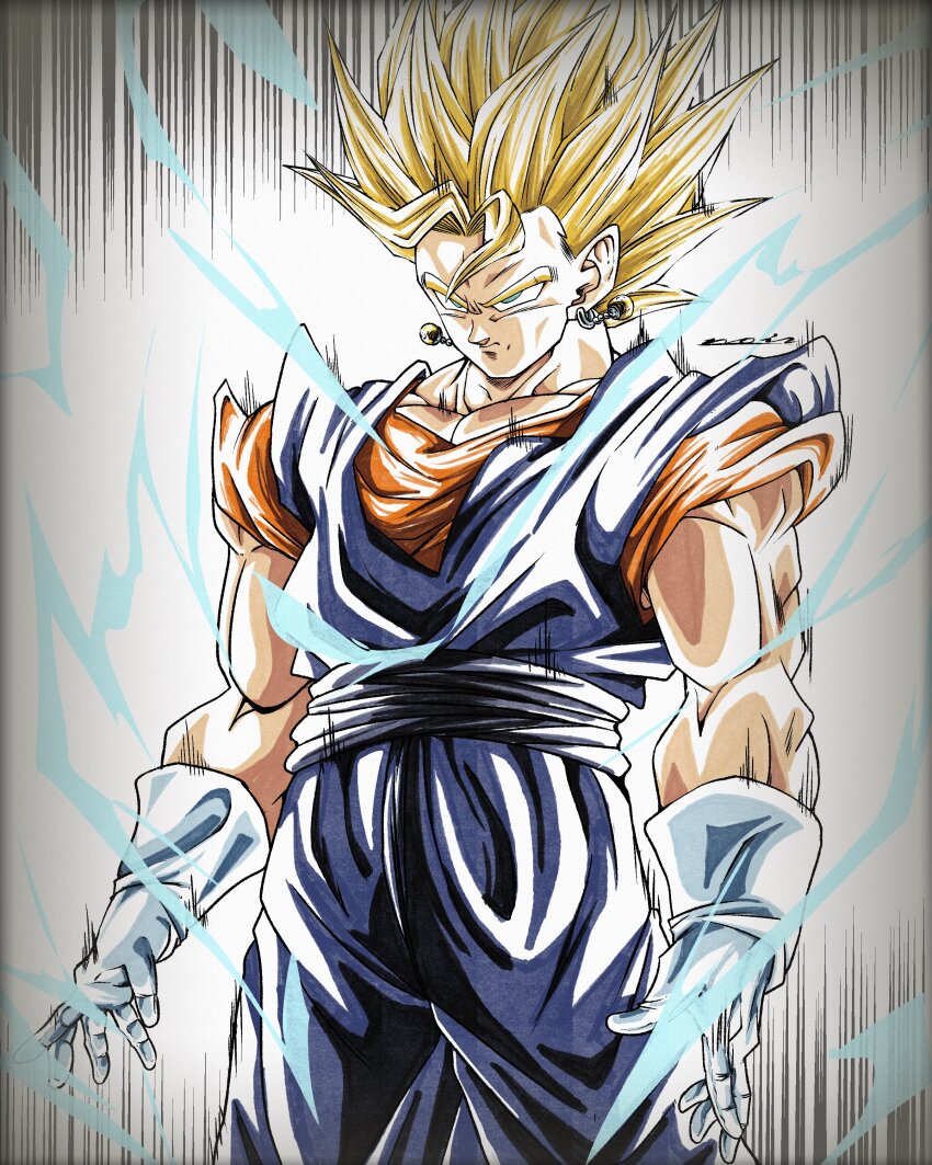 1boy, absurdres, aura, blonde_hair, blue_pants, blue_sash, blue_shirt, dougi