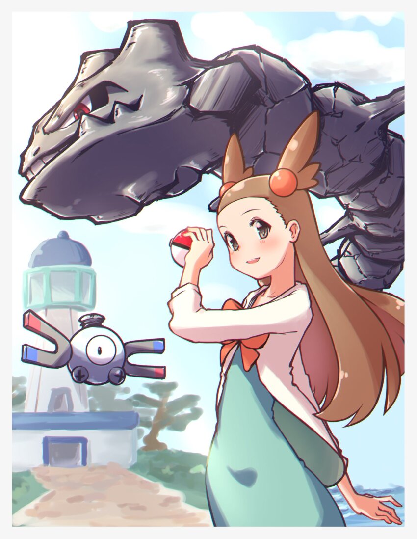 1girl, blush, brown_eyes, brown_hair, building, dress, gen_1_pokemon, gen_2_pokemon, green_dress, highres, holding, holding_poke_ball, jacket, jasmine_(pokemon), long_hair, long_sleeves, magnemite, nintendo, noname_(jvgt14), outdoors, poke_ball, poke_ball_(basic), pokemon, pokemon_(creature), pokemon_heartgold_and_soulsilver, red_eyes, ribbon, smile, standing, steelix, tree, twintails, water, white_jacket