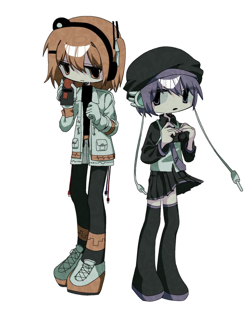 2girls, a.i._voice, adachi_rei, beret, black_footwear, black_hat, black_pantyhose, black_shirt