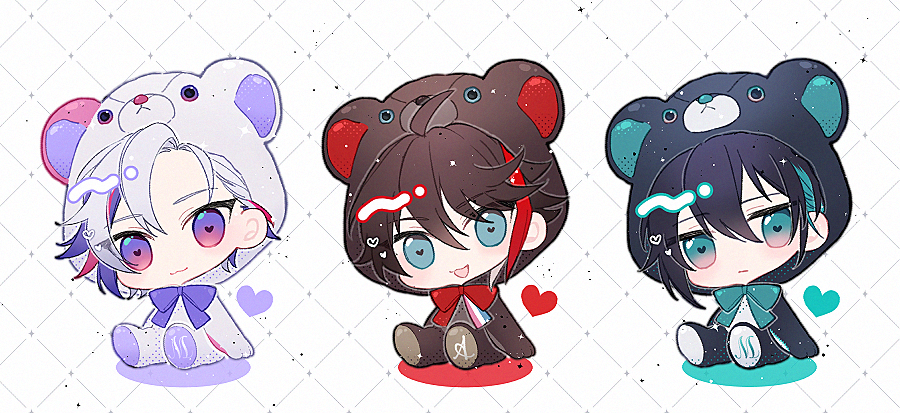 3boys, :3, :d, ahoge, animal_costume, animal_ears, animal_hood, aqua_bow
