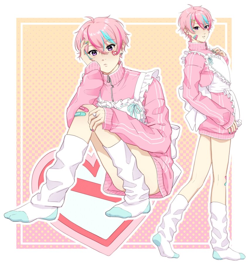 1boy, absurdres, ahoge, apron, back_bow, blue_hair, blue_nails, bow