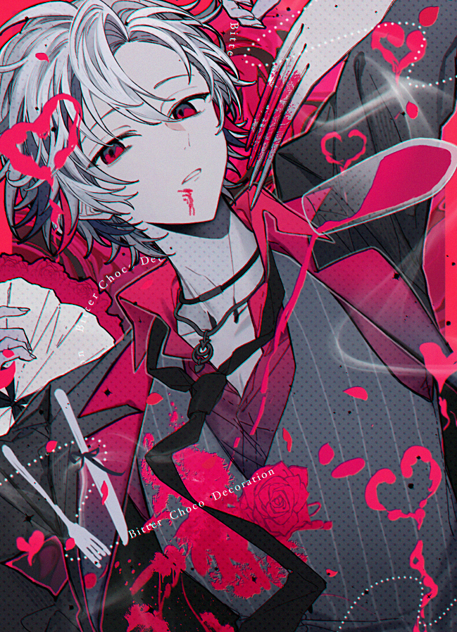 1boy, alcohol, black_choker, black_jacket, blood, blood_on_face, bouquet, choker