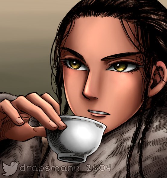 1boy, azel_halgal, black_hair, coat, colorized, cup, drapsmann_2604, fur_coat