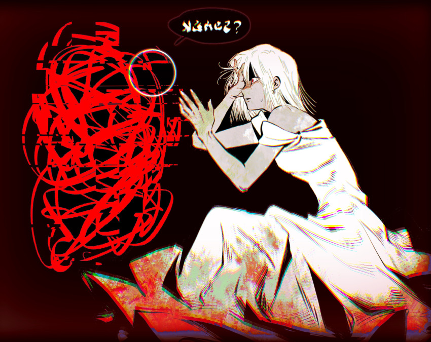 1girl, black_background, blood, blood_on_clothes, chinese_commentary, commentary_request, dress, full_body, glires, glitch, hand_on_own_face, adashino_adami, highres, homicipher, homicipher_text, long_hair, looking_to_the_side, red_eyes, scribble, sitting, solo, white_dress, white_hair