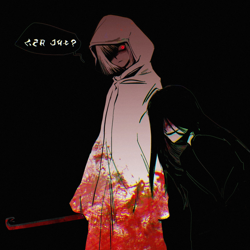 1boy, 1girl, black_background, black_hair, black_kimono, blood, blood_on_clothes, blood_on_face