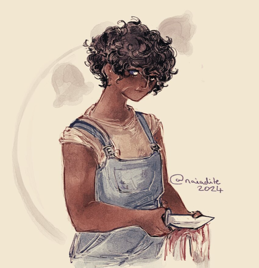 androgynous, black_hair, blue_overalls, borrowed_character, cleaning_rag, commentary, curly_hair, dark_skin