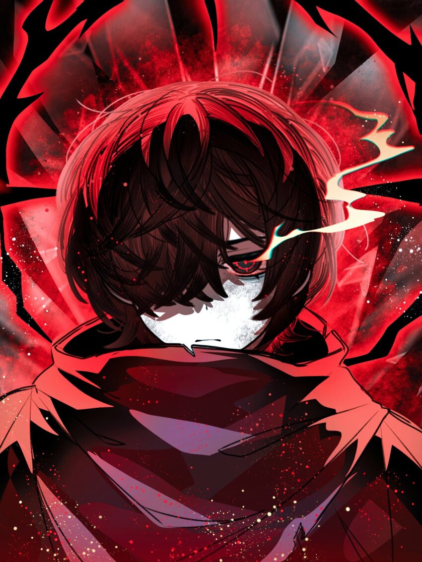 1boy, black_eyes, black_hair, closed_mouth, crosshair, crosshair_pupils, e.g.o_(project_moon), fell_bullet_(e.g.o), finame0, halo, highres, limbus_company, long_sleeves, looking_at_viewer, male_focus, project_moon, red_scarf, red_theme, scarf, smoke, solo, upper_body, yi_sang_(project_moon)