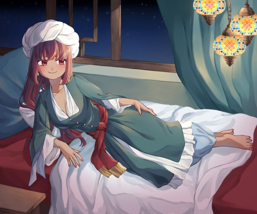 1girl, barefoot, breasts, cleavage, dress, full_body, green_dress, kuroussa