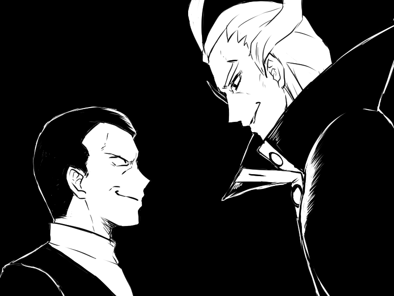 2boys, face-to-face, from_side, ghetsis_(pokemon), giovanni_(pokemon), looking_at_another, male_focus, monochrome